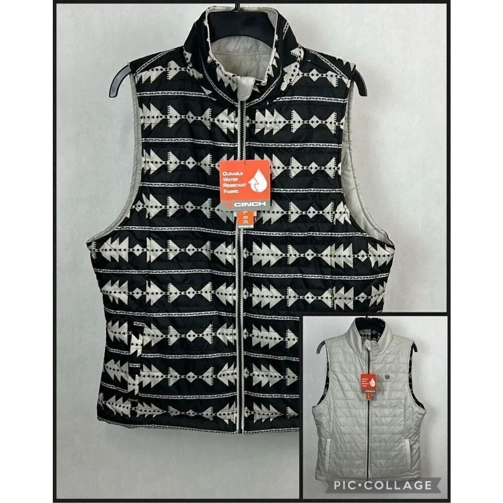 NEW Cinch Womens Reversible Vest Sz XXL Quilted Puffer Cream Black Aztec Zip 2XL